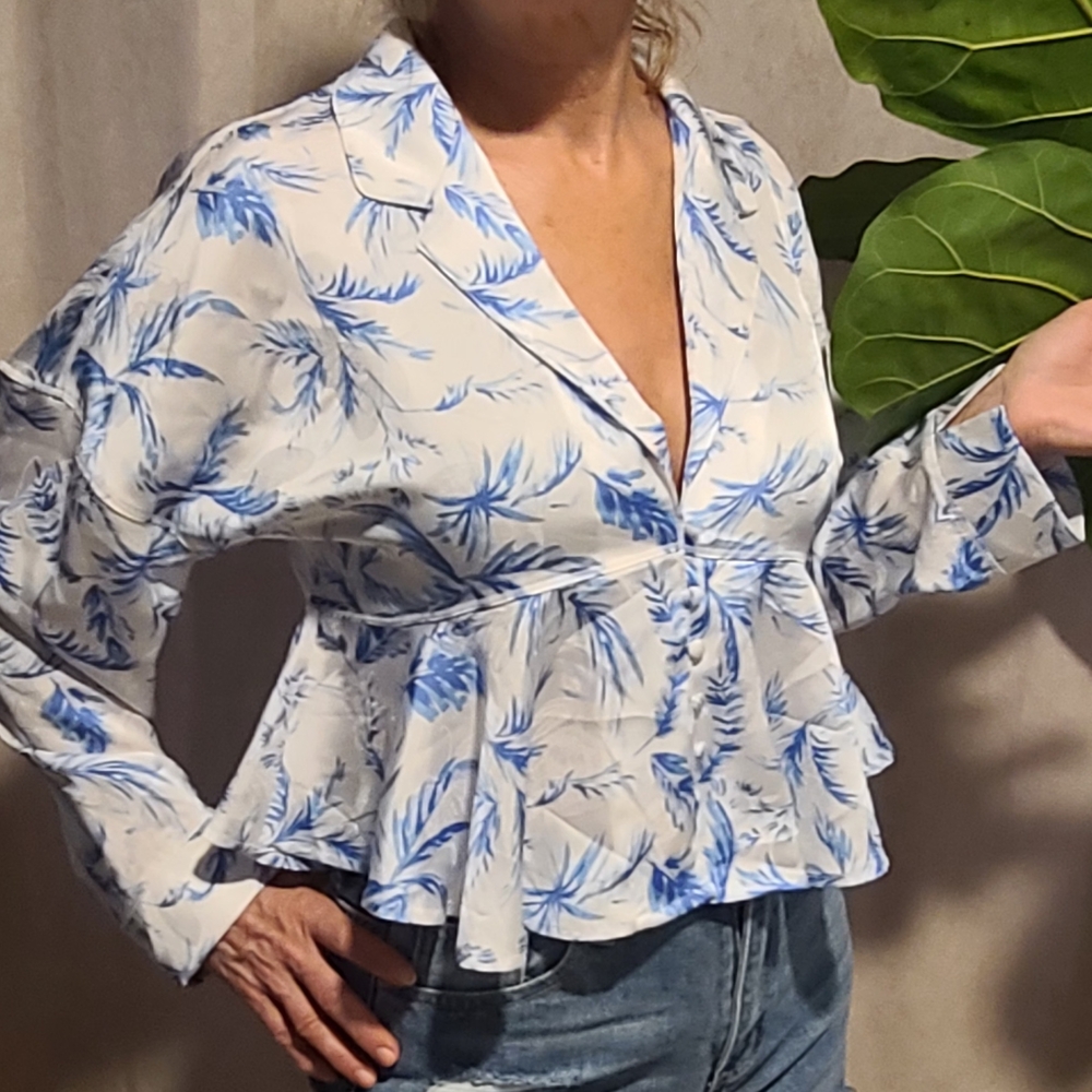 NWOT Free People Blue and White Peplum Blouse NWOT